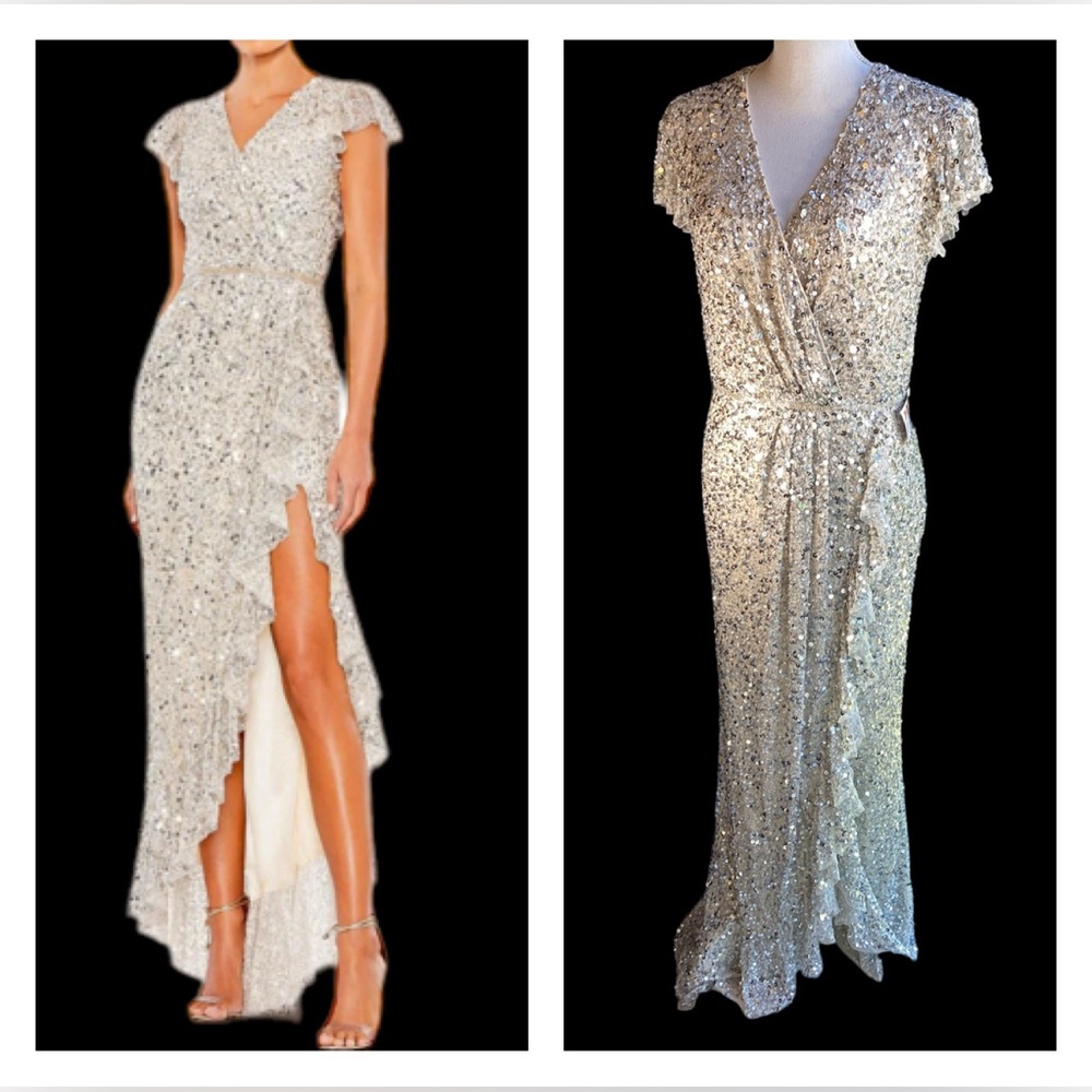 NWT Mac Duggal Silver Sequin High-Low Cap Sleeve Gown. B28